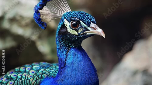 A peacock stands in front of a rocky background, its blue feathers shimmering in the light