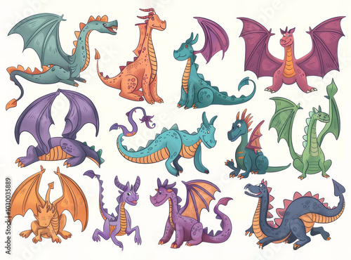 Funny dragons doodle set, cartoon dino, graphic dinosaurs isolated, monster animals