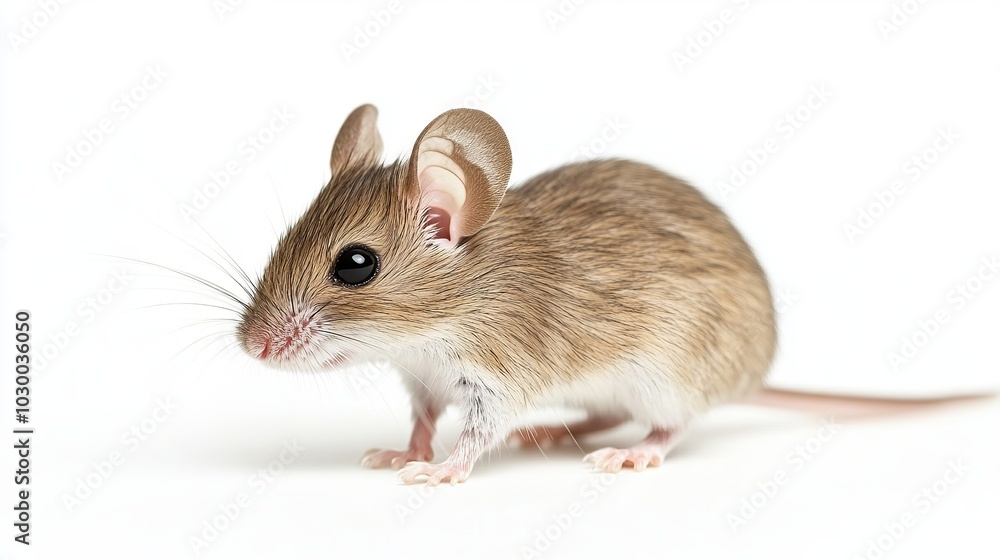 Side-profile view of a light brown Cairo spiny mouse (acomys cahirinus) isolated on a white background. The mouse is standing sideways and looking straight ahead. Side-profile view of a light brown Cairo spiny mouse (acomys cahirinus) isolated on a white background. The mouse is standing sideways and looking straight ahead.