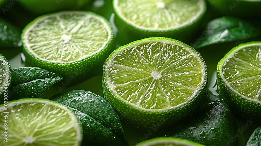 Flying fresh lime slices create a fruit texture on a white background in close-up. Flying fresh lime slices create a fruit texture on a white background in close-up.