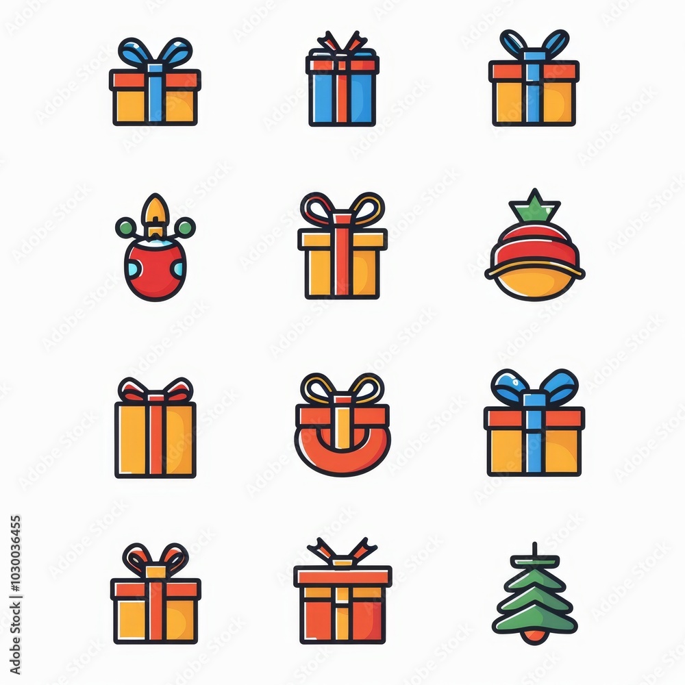 Naklejka premium Gift box flat icon set, giftbox silhouettes, congratulation present minimal logo, shopping symbol