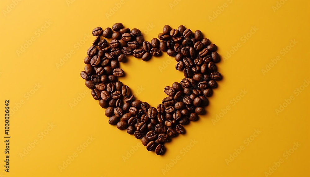 coffee beans in the shape of a heart on a yellow background coffee beans in the shape of a heart on a yellow background