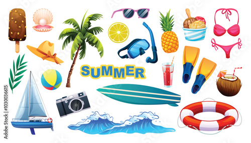 Summer vacation elements with ice cream, palm tree, camera, and ocean waves. Vector cartoon illustration