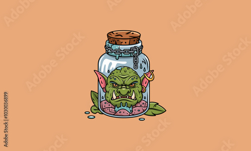 Angry goblin head trapped in a glass jar.