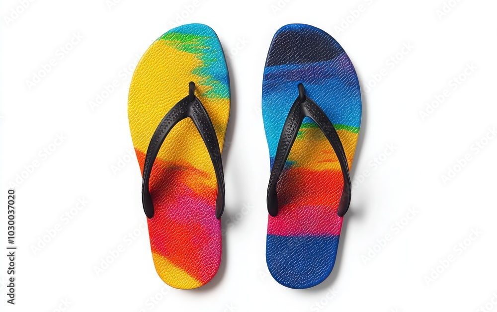 A pair of vibrant beach-ready flip-flops, showcased on a clean white background from a top-down perspective, perfect for summer outings A pair of vibrant beach-ready flip-flops, showcased on a clean white background from a top-down perspective, perfect for summer outings