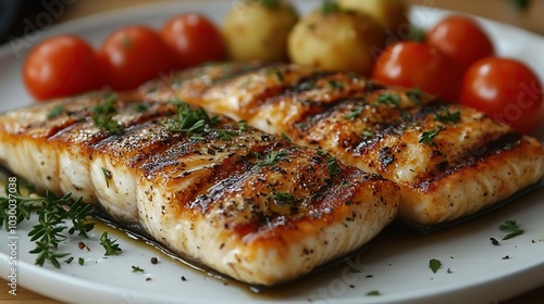 Grilled fish meat with tomatoes and potato balls is served on a white plate in close-up.