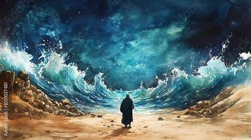 A watercolor painting of Moses parting the Red Sea, with deep blue and turquoise shades capturing the dramatic moment as the waters rise. photo