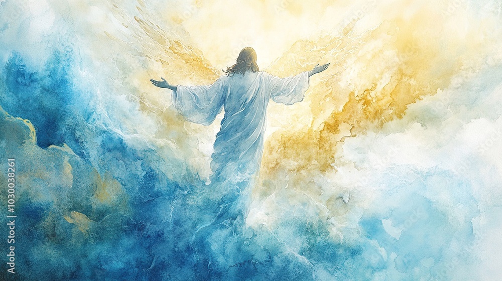 Jesus rising into the heavens, painted in soft, flowing watercolor shades of blue and gold, capturing the divine moment of His resurrection. Jesus rising into the heavens, painted in soft, flowing watercolor shades of blue and gold, capturing the divine moment of His resurrection.