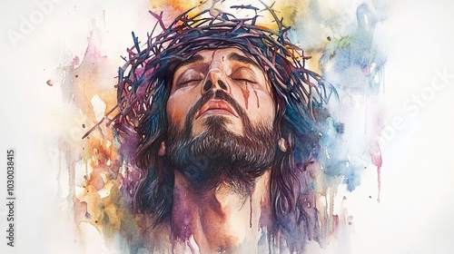 A poignant watercolor depiction of Jesus wearing a crown of thorns, embodying sacrifice and spirituality with a vibrant, emotional backdrop. photo