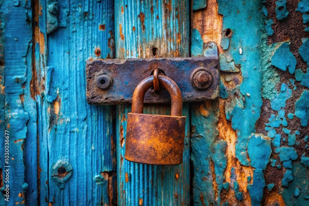 Close-Up of Rusty Padlock on Weathered Blue Door Capturing Intricate Details and Evoking Security and History in Low Light Photography Close-Up of Rusty Padlock on Weathered Blue Door Capturing Intricate Details and Evoking Security and History in Low Light Photography