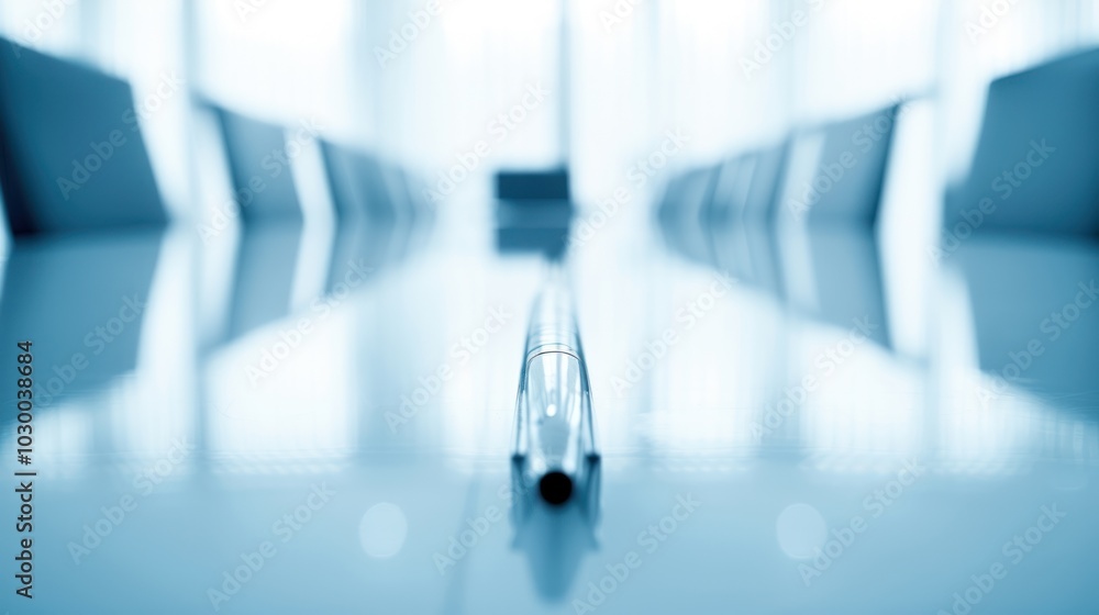 A Single Pen on a Reflective Conference Table in a Blurred Office Setting A Single Pen on a Reflective Conference Table in a Blurred Office Setting