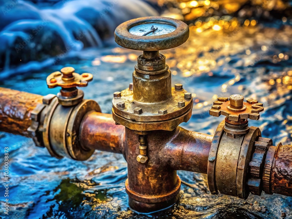 Close-Up of Water Meter and Pipe Junction with Long Exposure, Highlighting Rust Textures and Connection Fittings for Industrial and Plumbing Visuals Close-Up of Water Meter and Pipe Junction with Long Exposure, Highlighting Rust Textures and Connection Fittings for Industrial and Plumbing Visuals