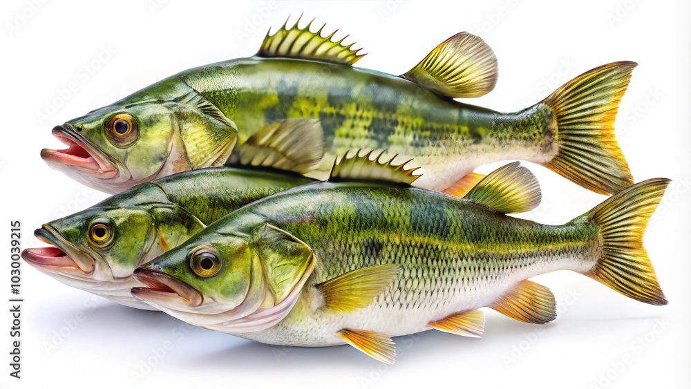 Collection Set of Largemouth Bass Fish Isolated on White Background for Culinary Use, Stock Photography, Freshwater Fish, Sustainable Seafood, Healthy Eating, and Food Presentation Collection Set of Largemouth Bass Fish Isolated on White Background for Culinary Use, Stock Photography, Freshwater Fish, Sustainable Seafood, Healthy Eating, and Food Presentation