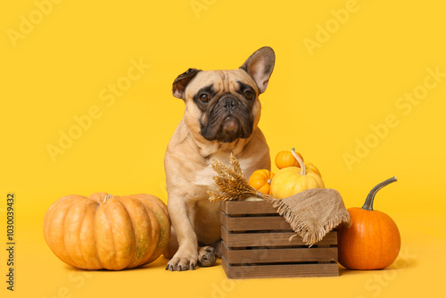 Cute French bulldog and wooden box with fresh pumpkins and wheat on yellow background. Thanksgiving Day celebration