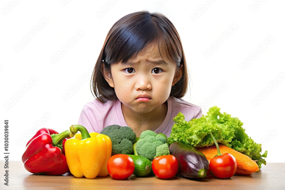 In a captivating conceptual photograph, an Asian child girl reacts with distaste to an array of vibrant vegetables, highlighting her playful aversion to healthy food. In a captivating conceptual photograph, an Asian child girl reacts with distaste to an array of vibrant vegetables, highlighting her playful aversion to healthy food.