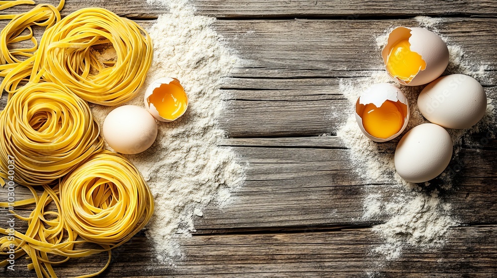 Fresh Pasta Ingredients on Wooden Surface Fresh Pasta Ingredients on Wooden Surface