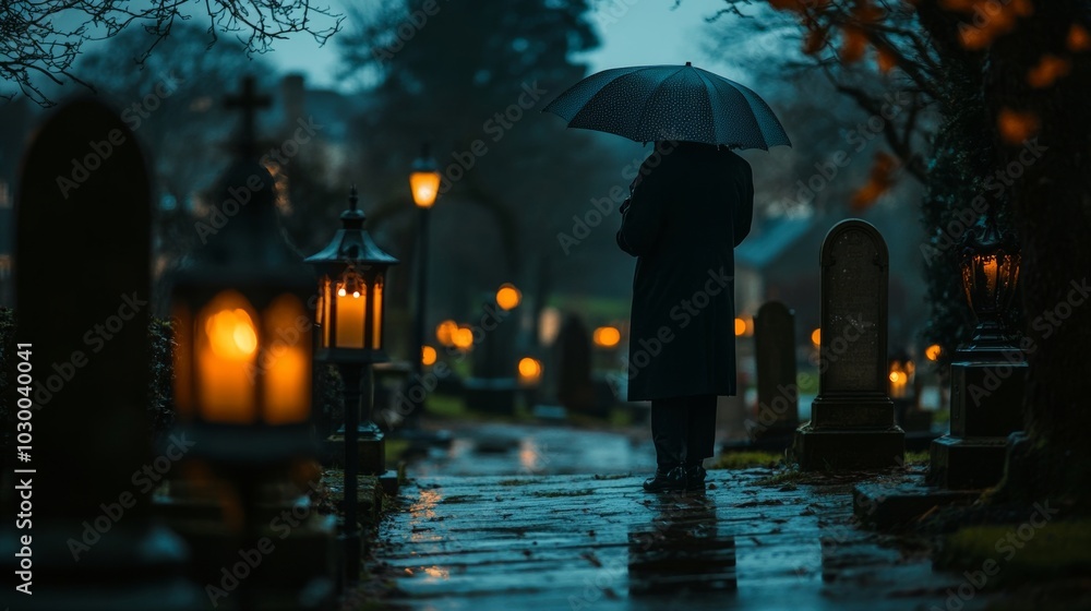 A solitary figure walks through a misty graveyard, holding an umbrella under glowing lanterns and dark trees. A scene of reflection and calm. A solitary figure walks through a misty graveyard, holding an umbrella under glowing lanterns and dark trees. A scene of reflection and calm.