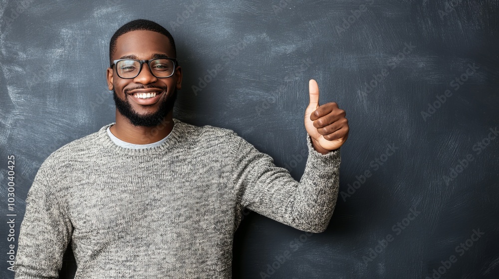 Joyful Male Giving Thumbs Up in Casual Setting Joyful Male Giving Thumbs Up in Casual Setting