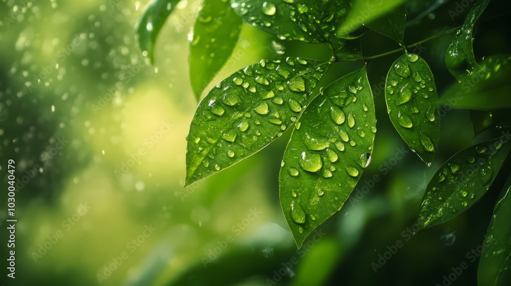 Refreshing Rain Drops on Lush Green Leaves Refreshing Rain Drops on Lush Green Leaves