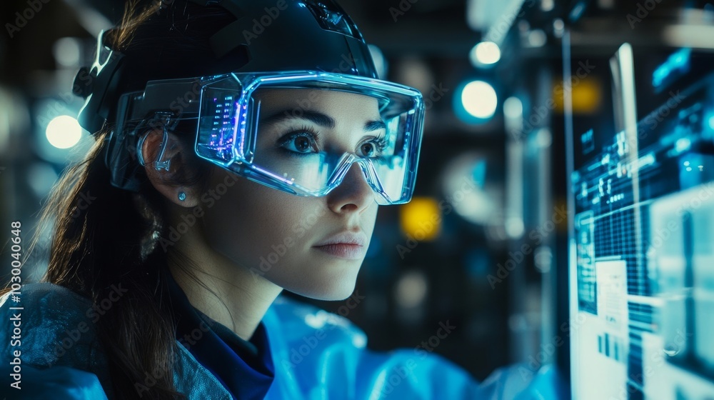 Focused woman in high-tech glasses looks at screens. She analyzes data in a futuristic lab. Technology meets curiosity in this scene. Focused woman in high-tech glasses looks at screens. She analyzes data in a futuristic lab. Technology meets curiosity in this scene.