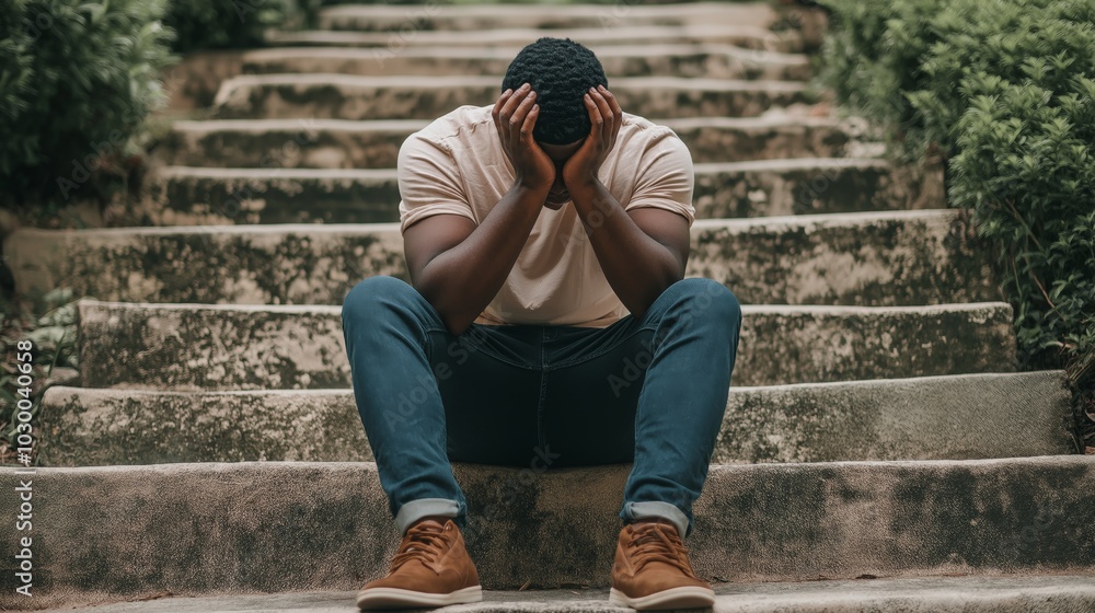Man Sitting on Steps with Head in Hands, Crying in Depression Stock ...