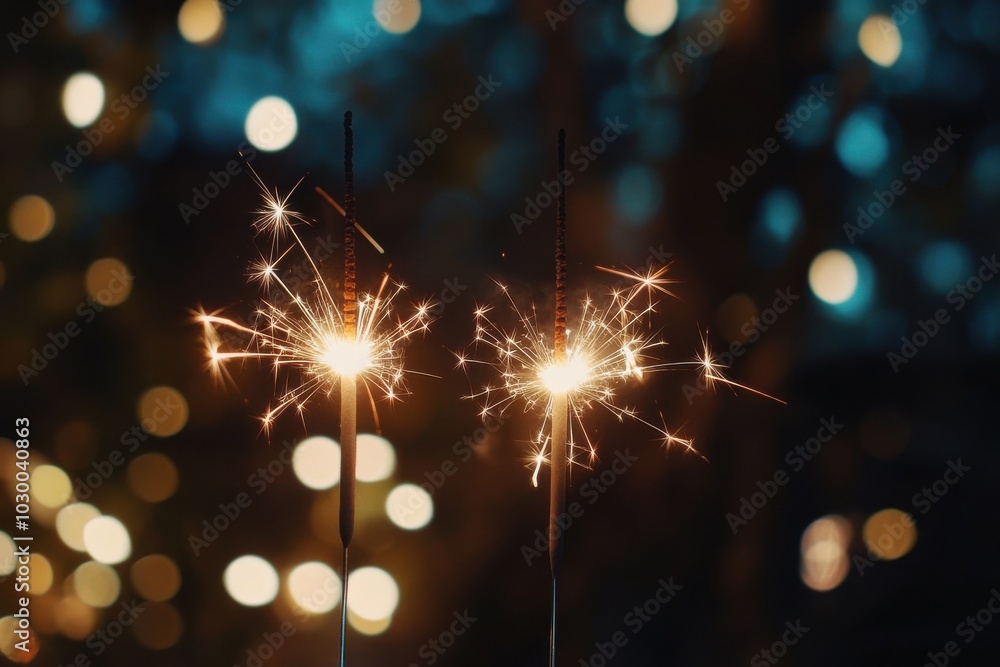 Fototapeta premium Two radiant sparklers illuminated by a soft night sky, ideal for an intimate event. This decorative display fosters a joyful ambiance brimming with magical illumination