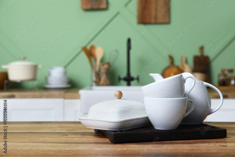 Clean dishes on table in kitchen, closeup Clean dishes on table in kitchen, closeup