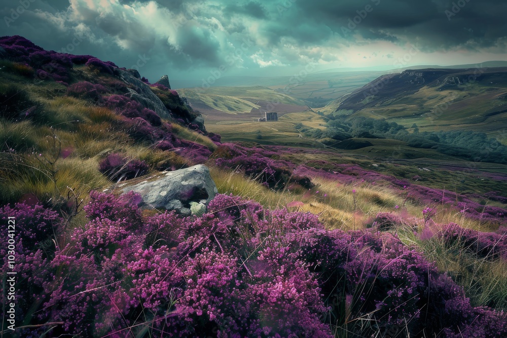 Obraz premium Moorland or Moor, Wuthering Heights, Heather Fields and Hills, Castle on Mountains, Copy Space