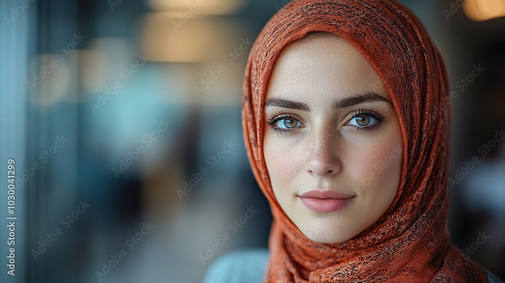 A businesswoman in a hijab works inside an office with a laptop. A businesswoman in a hijab works inside an office with a laptop.