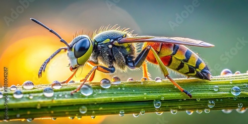 Devious Sand Wasp in Morning Dew at Taylor Creek Park, Toronto - Nature Photography, Insects, Wildlife, Macro, Close-up, Outdoor, Dew Drops, Grass, Wasp Habitat, Biodiversity photo