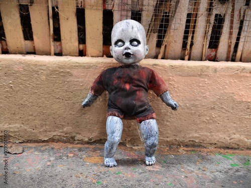 Scary horror doll Creepy doll Halloween concept, Close up of Ghost doll mystic in abandoned places background
