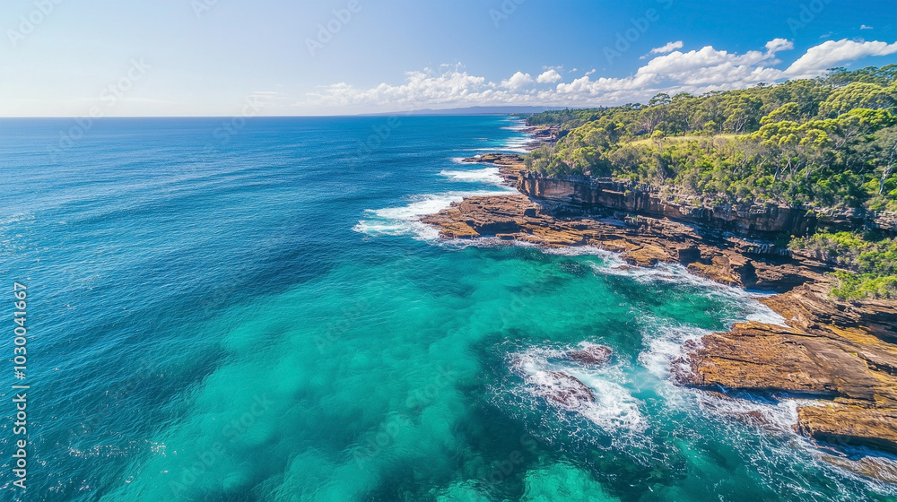 The ocean is blue and the shore is rocky The ocean is blue and the shore is rocky