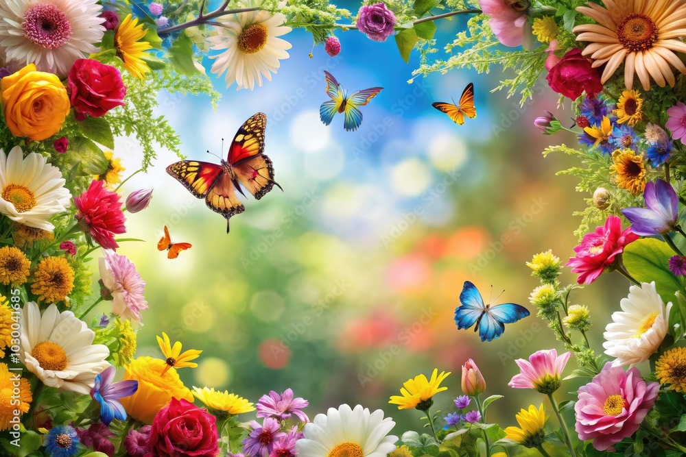 In a rich natural environment, vivid flowers and butterflies flourish, showcasing a high depth of field that reveals intricate details and vibrant colors. In a rich natural environment, vivid flowers and butterflies flourish, showcasing a high depth of field that reveals intricate details and vibrant colors.