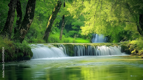 A stream of water flows through a forest