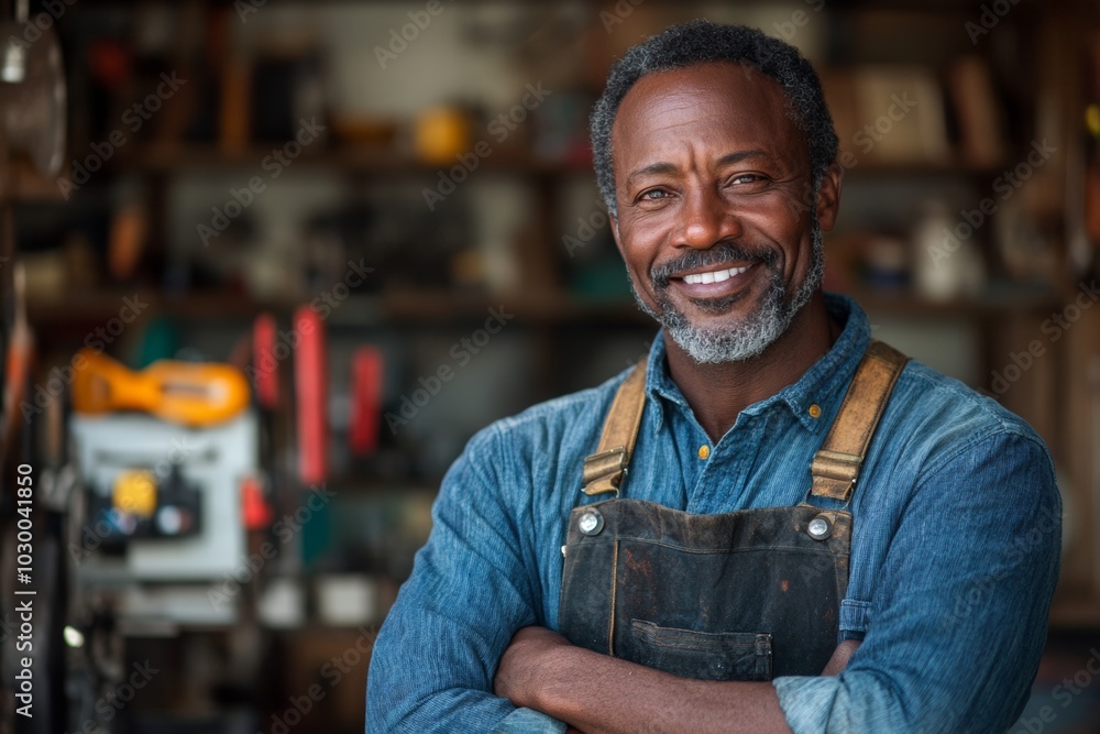 This title incorporates the main elements from the description and tags while being simple and easy to understand. Smiling portrait of a middle aged African American car mechanic in workshop This title incorporates the main elements from the description and tags while being simple and easy to understand. Smiling portrait of a middle aged African American car mechanic in workshop