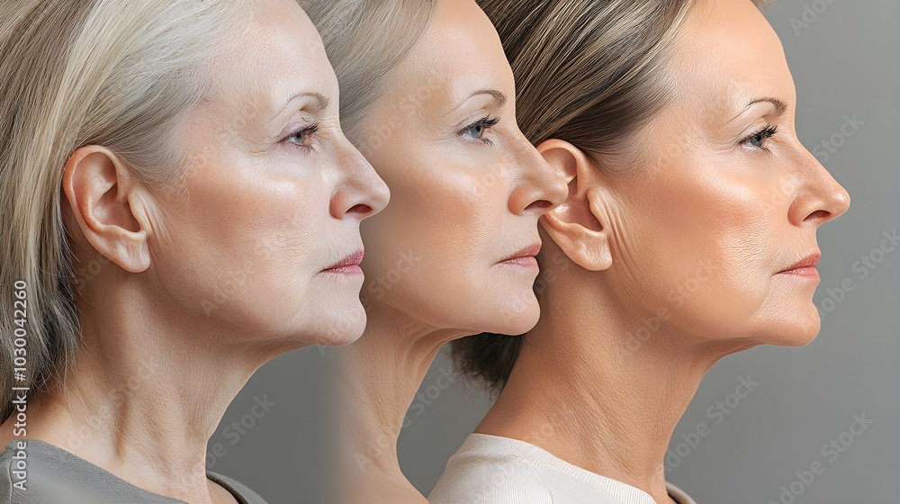 Profile of an older woman with pronounced jowls and wrinkles, evolving into a youthful, toned face with firm skin, representing age-defying beauty Profile of an older woman with pronounced jowls and wrinkles, evolving into a youthful, toned face with firm skin, representing age-defying beauty