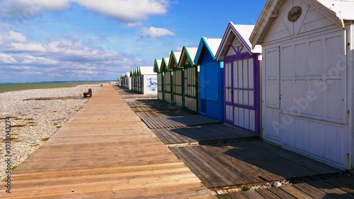 Cabines de plage colorées sur la plage de Cayeux sur mer département de la Somme Hauts de France, France, europe photo