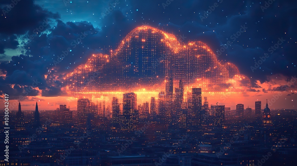 Fototapeta premium A cloud technology banner displays a low poly cityscape and binary code on a dark blue background.