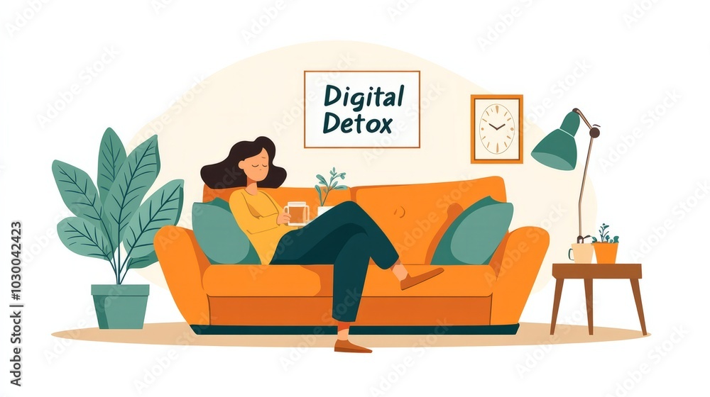 A cozy living room with a person relaxing on a sofa, sipping herbal tea, and a digital clock displaying Digital Detox on the wall, emphasizing a technology-free zone. A cozy living room with a person relaxing on a sofa, sipping herbal tea, and a digital clock displaying Digital Detox on the wall, emphasizing a technology-free zone.