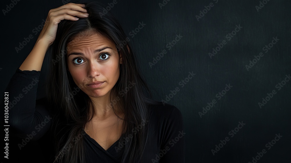 Curious Latino Female Raising Eyebrow in Thoughtful Pose Curious Latino Female Raising Eyebrow in Thoughtful Pose