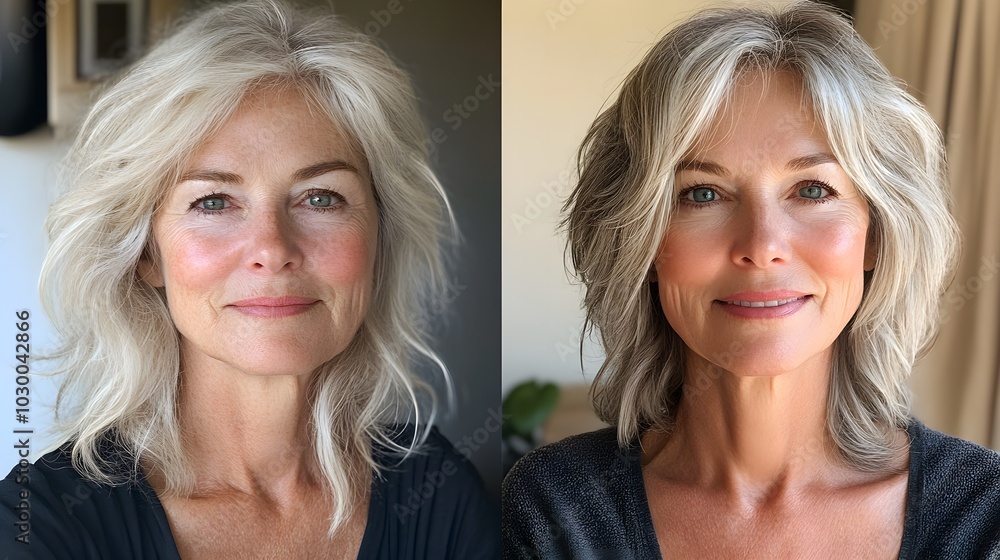Side-by-side aging to youthful transformation, senior woman's face with wrinkles transitions into smooth, radiant, and glowing skin, capturing age reversal Side-by-side aging to youthful transformation, senior woman's face with wrinkles transitions into smooth, radiant, and glowing skin, capturing age reversal