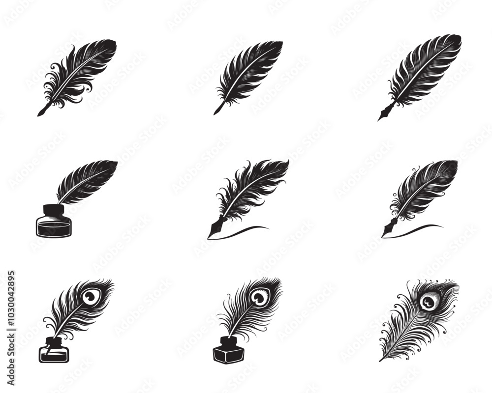 Obraz premium Collection of Feather silhouette Design - Bird Feather Vector illustration in black and white