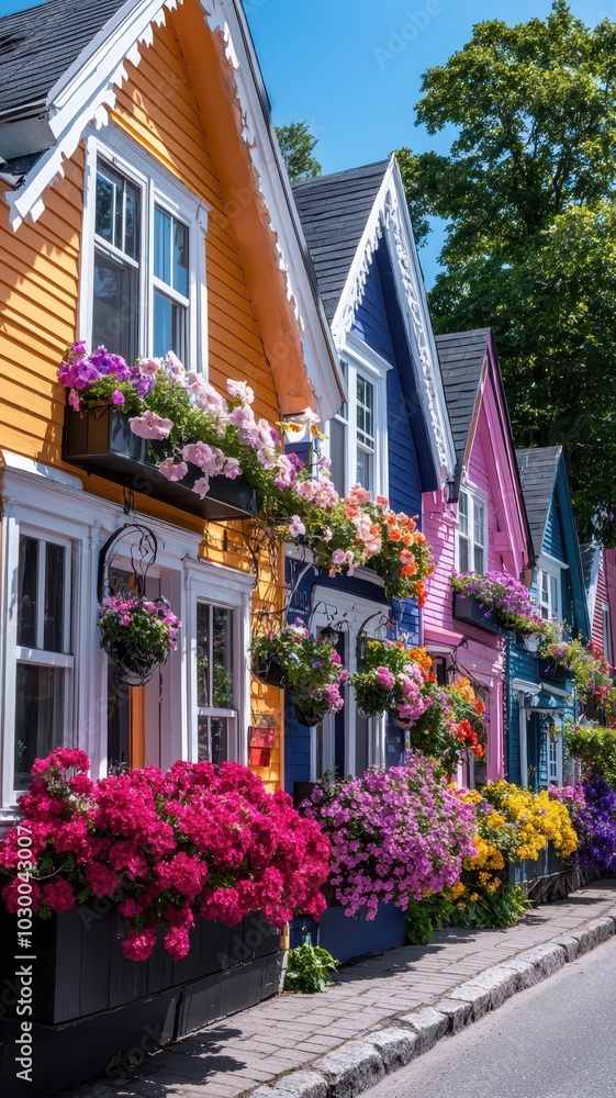 Colorful row of houses showcasing unique architectural details and vibrant designs in a charming neighborhood. Colorful row of houses showcasing unique architectural details and vibrant designs in a charming neighborhood.