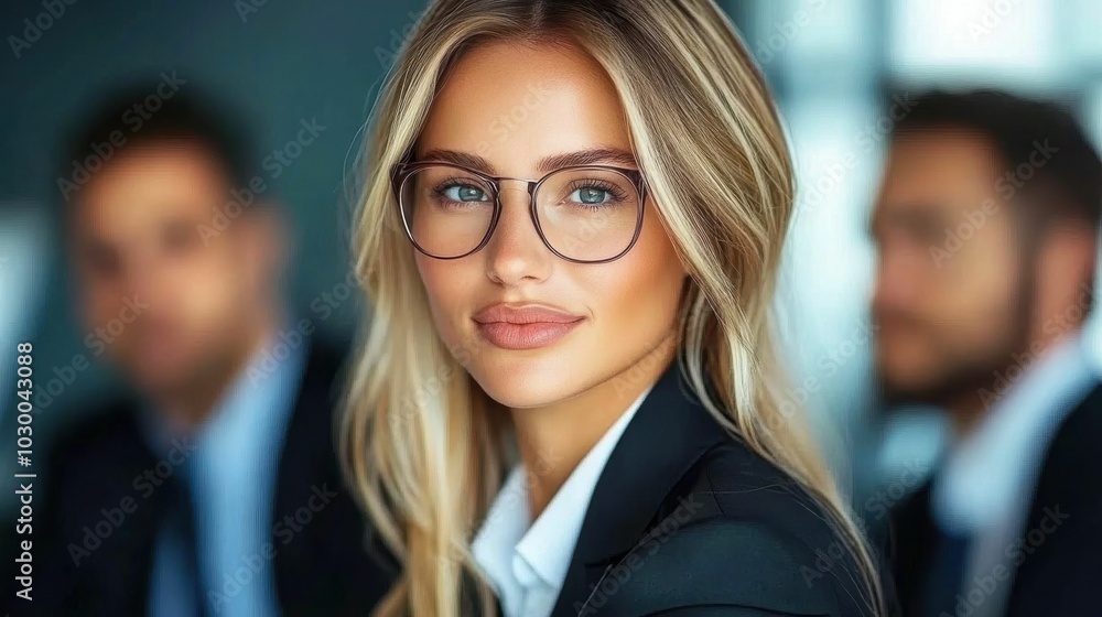 A young blonde woman wearing glasses smiles confidently while sitting in a business setting, with two blurred colleagues in the background. A young blonde woman wearing glasses smiles confidently while sitting in a business setting, with two blurred colleagues in the background.