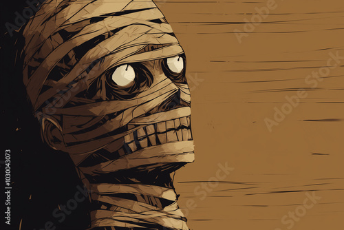 Cartoon mummy staring into distance on a brown background photo