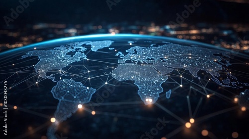 Digital illustration of world map at night with glowing white lines forming a network-like pattern, futuristic and techy vibe.