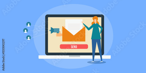 Small businesswoman sending promotional message to subscribers, email marketing conceptual vector banner.