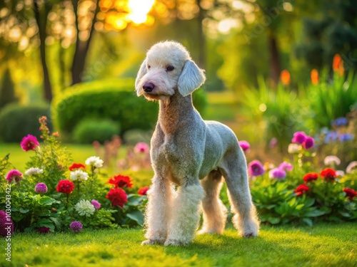 In a vibrant green park, a Bedlington Terrier stands elegantly, beautifully framed by lush surroundings, captured through stunning drone photography that highlights its distinctive charm.