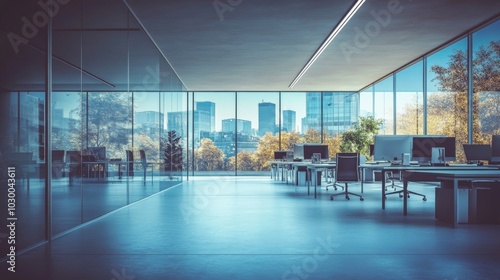 Modern Office Space with City View and Spacious Corridor, Bright, Airy, and Professional Environment with Natural Light