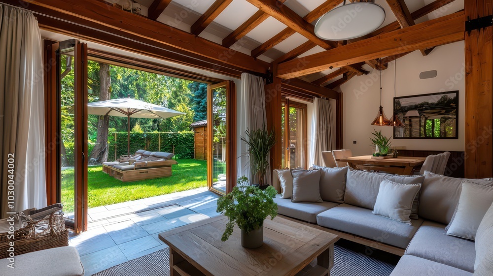 Elegant open plan room featuring a summer terrace and a lush green garden view, perfect for relaxation and style. Elegant open plan room featuring a summer terrace and a lush green garden view, perfect for relaxation and style.
